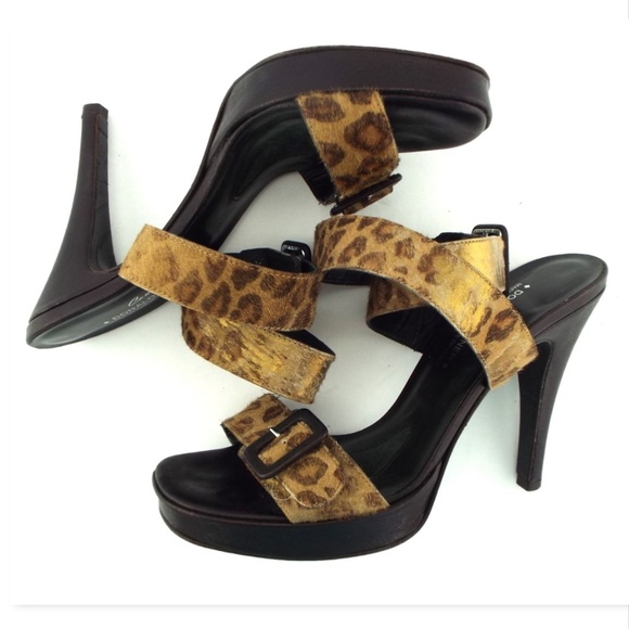 Donald J. Pliner Leopard Calf Hair Buckled Ankle Strap Platform Heel Sandals 7 - Picture 4 of 7